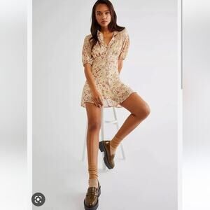 Free People Bonnie Mini Dress Size S Floral Button Front Puff Sleeve Mini Dress